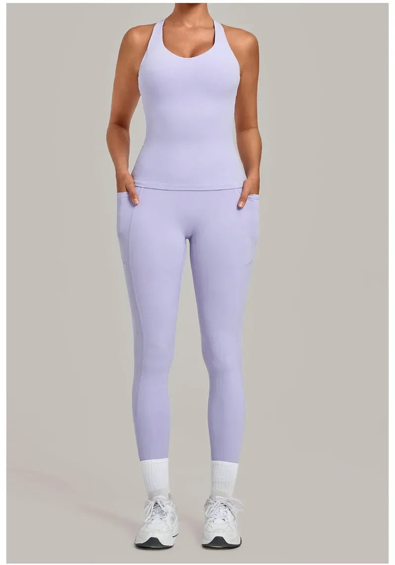 Women's Seamless Yoga Sets Sports Fitness Hip-lifting High Waist Pant Sleeveless Backless Suits Workout Running Leggings Sets