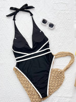 DEAK Sexy Deep V Pearl Neck One Piece Swimsuit Women Black Contrast Push Up Backless Slim Tummy Control Swimwear Beach Pool Bath