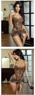 Leopard print sexy nightgown with underwire push-up jumpsuit and apron set | Free Pajamas w/ Purchase