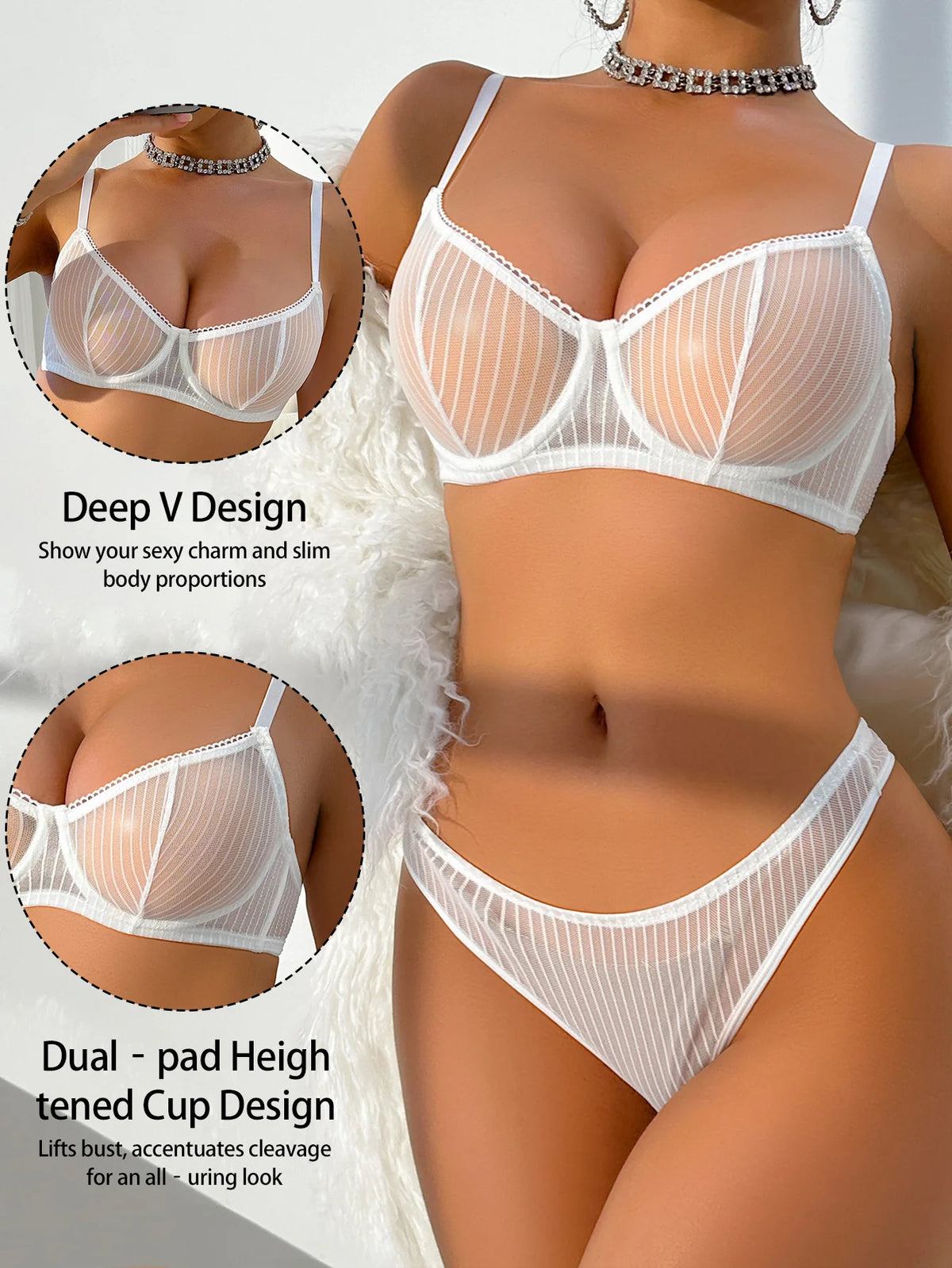 Fashion striped white sexy mesh transparent erotic thong underwear women's set YS2864