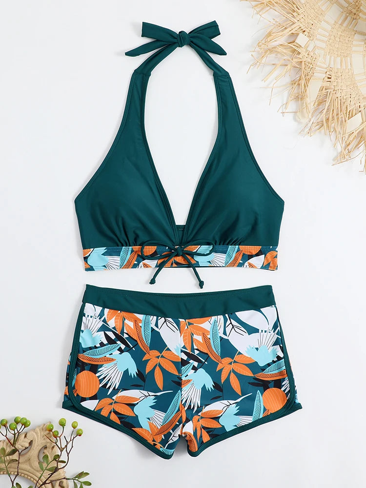 2026 Halter Bikini Set Short Swimsuit Women High Waist Swimwear Female Printed Bathers Swimming Bathing Swim Suit Beachwear