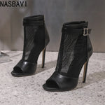 Design Peep Toe Hollow Out Mesh Ankle Boots Sandals Woman Sexy Nightclub Gladiator Peep Toe Thin High Heels Zipper Sandals