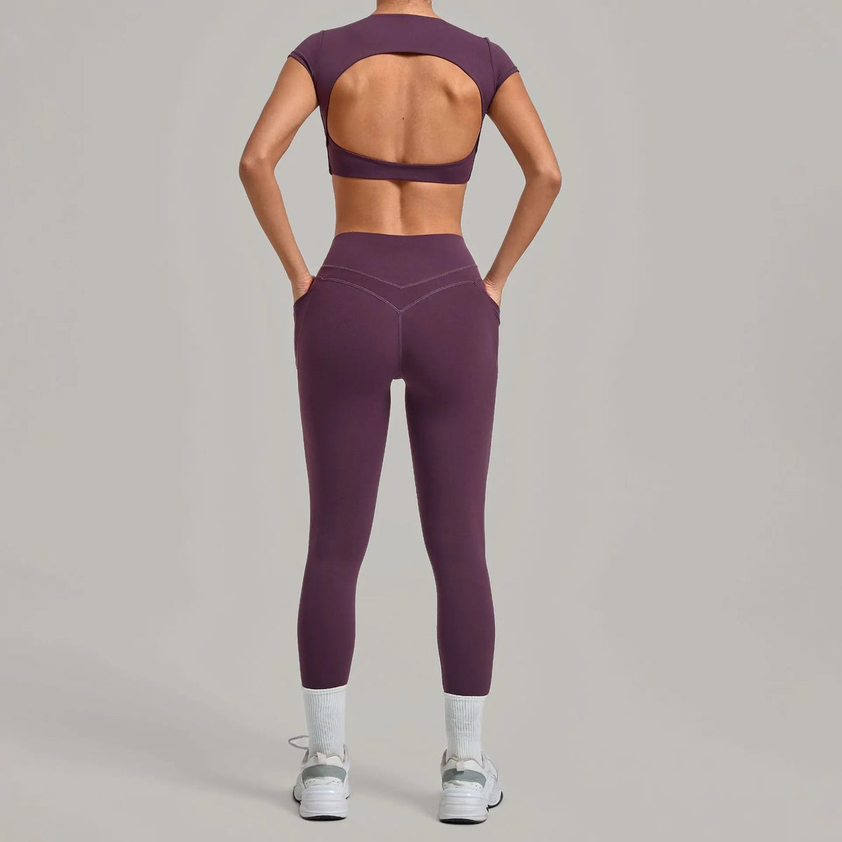 Yoga Set Women's Tracksuit Short Sleeve Back Hollow Out Sports Top Athletic Wear Tight High Waist Pocket Leggings Fitness Suits