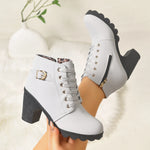 Women Lace‑Up Ankle Boots Metal Buckle Decor Side Zipper Chunky Block Heel Lug Sole Combat Short Booties Fall Winter Large Size