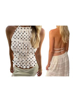 Women's Fashion Slim Fit Halter Tops Spring Summer Stylish Dot Print Ruffled Trim Backless Sleeveless Vest