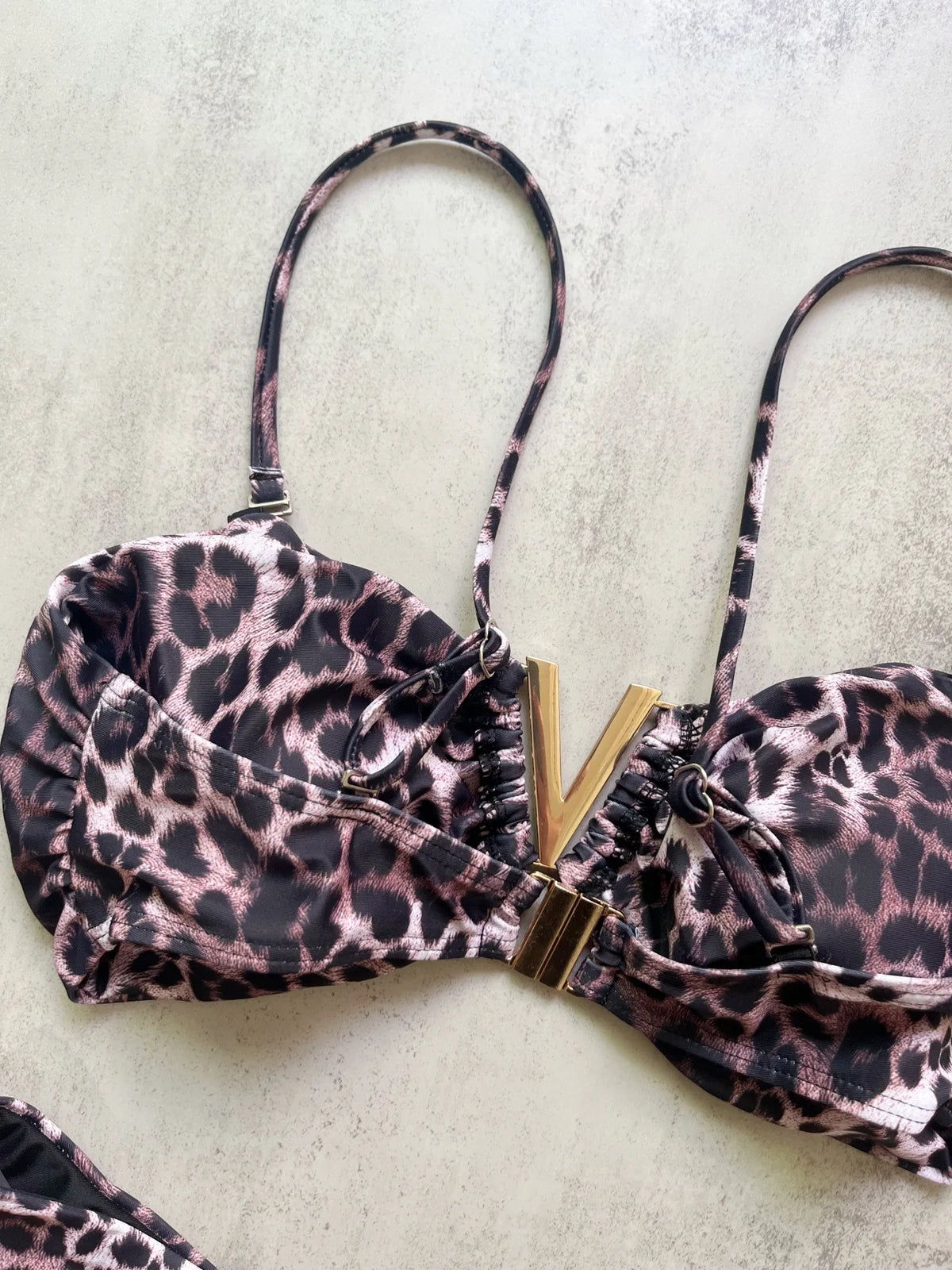 Sexy Brown Leopard Print Micro Bikini Women Metal V Neck Push Up High Waist Swimsuit 2026 Beach Bathing Suit Vacation Swimwear