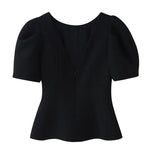 Women's Fashion Casual Bowknot Faux Pearl Puff Sleeve Black Puff Sleeve Bow Detail Peplum Waist Short Sleeve Top For Women Q2Y3