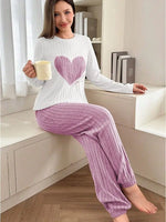 Women Sleepwear Autumn Winter Pajamas Set Casual Heart Printed Long Sleeve Tops and Trouses Sets Homewear Loungewear