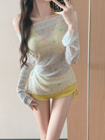 Long Sleeved Sun Protection Star Print Cover Up 3 Piece Bikini Set Swimwear Women Drawstring Side Holiday High Waist Swimsuit