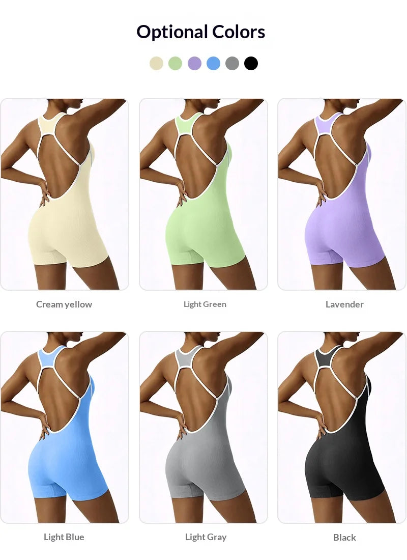 Sleeveless Contrast Trim Backless Yoga Romper Seamless Body Shaping Sport Jumpsuit for Running Training