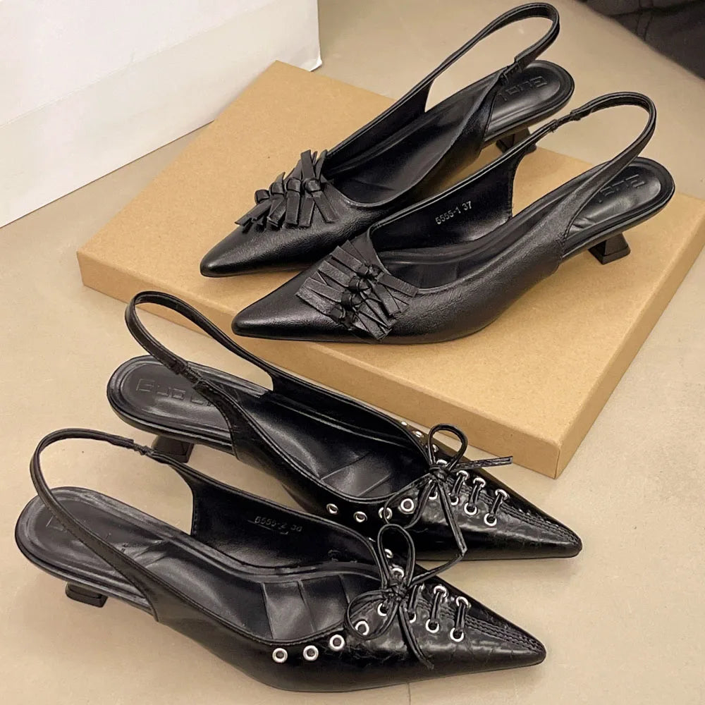 2026 Size 42 Vintage y2k Flowers Black Pointy Toe Slingback Pumps Cross-strap Summer 5cm Kitten Heels White Lady Shoes Women