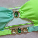 Luxuryt Bandeau Bikini 2025 Woman Sexy Orange Patchwork Cut Out Rhinestone Swimsuit Bathing Suit Thong Swimwear Traje De Baño