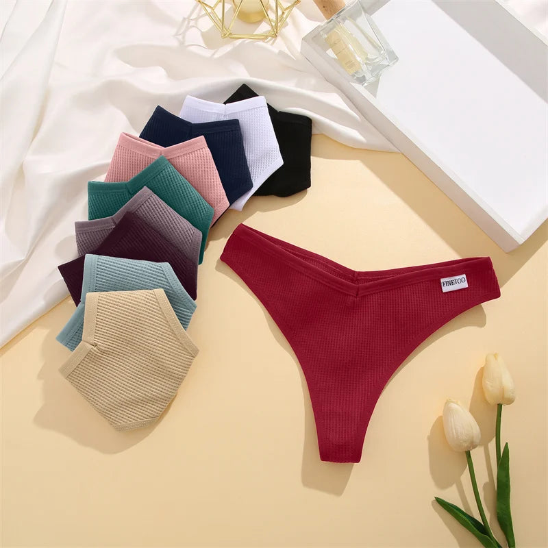 New 7Pcs Women Cotton Waffle Style G-string Panties Ladies Soft Thongs Female S-XL Low-Rise T-Back Panties Bikini Underwear 2024