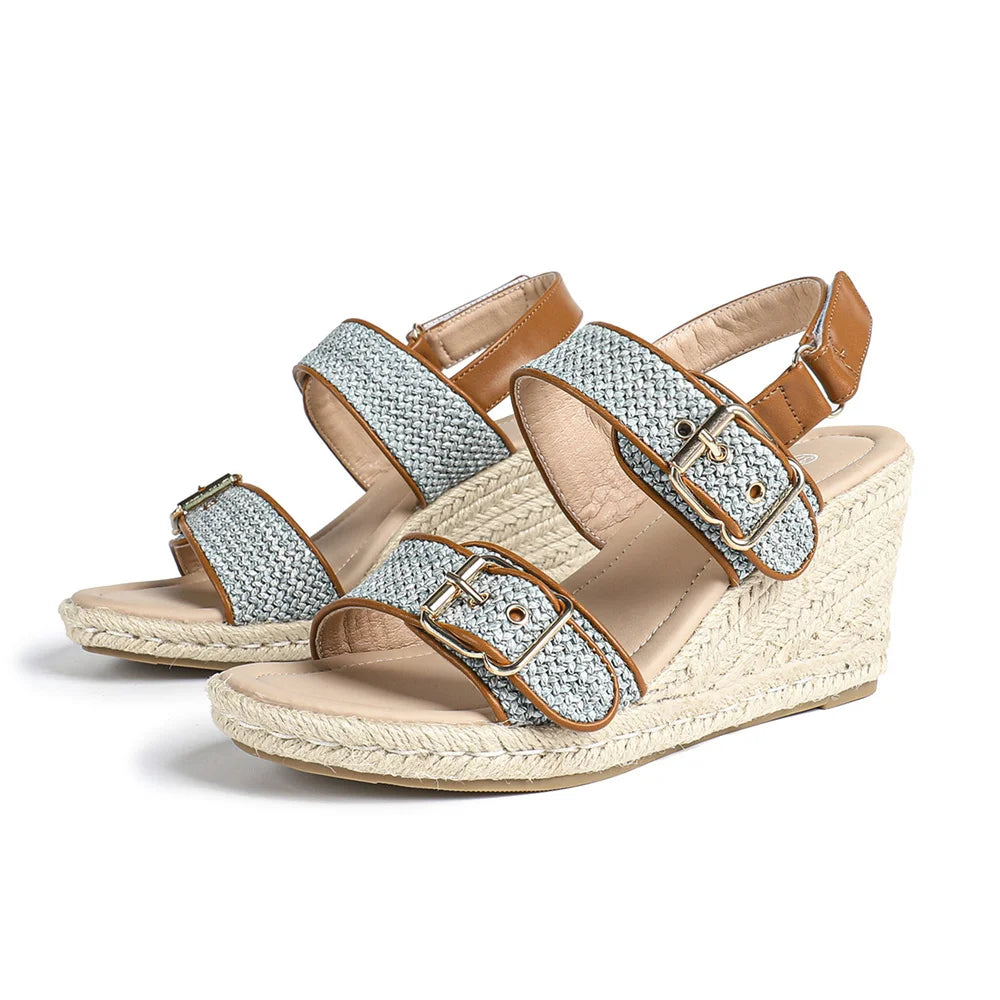 Summer Bohemian 2 Buckle Adjustable Straps Espadrille Wedge Sandals Women Leisure Roma Platform Beach Vacation High Heels Shoes