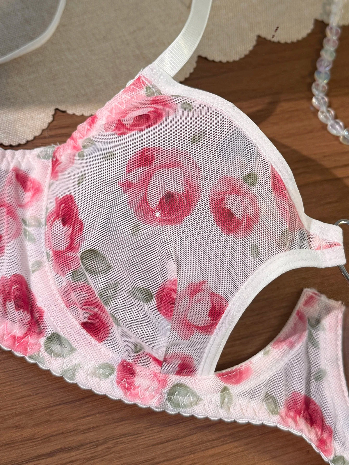 French Romantic Pink Rose Print Sheer Mesh Lingerie Set Heart Cutout Underwire Bra & Thong