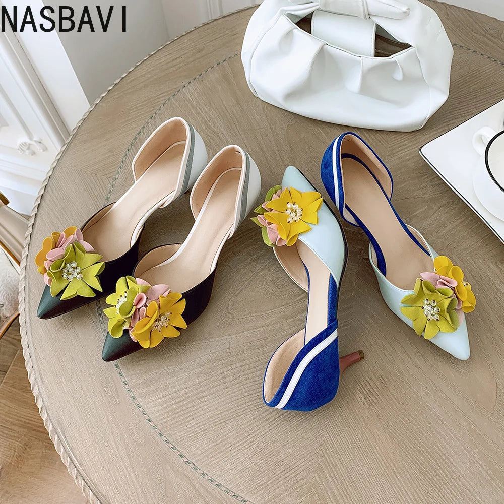 New 2027 Fashion Womens Floral Pointed Toe Flowers Stilettos Lady Mid Heel Shoes Mixed Colors Sandals Pumps Wedding Bridal Heels