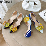 New 2027 Fashion Womens Floral Pointed Toe Flowers Stilettos Lady Mid Heel Shoes Mixed Colors Sandals Pumps Wedding Bridal Heels