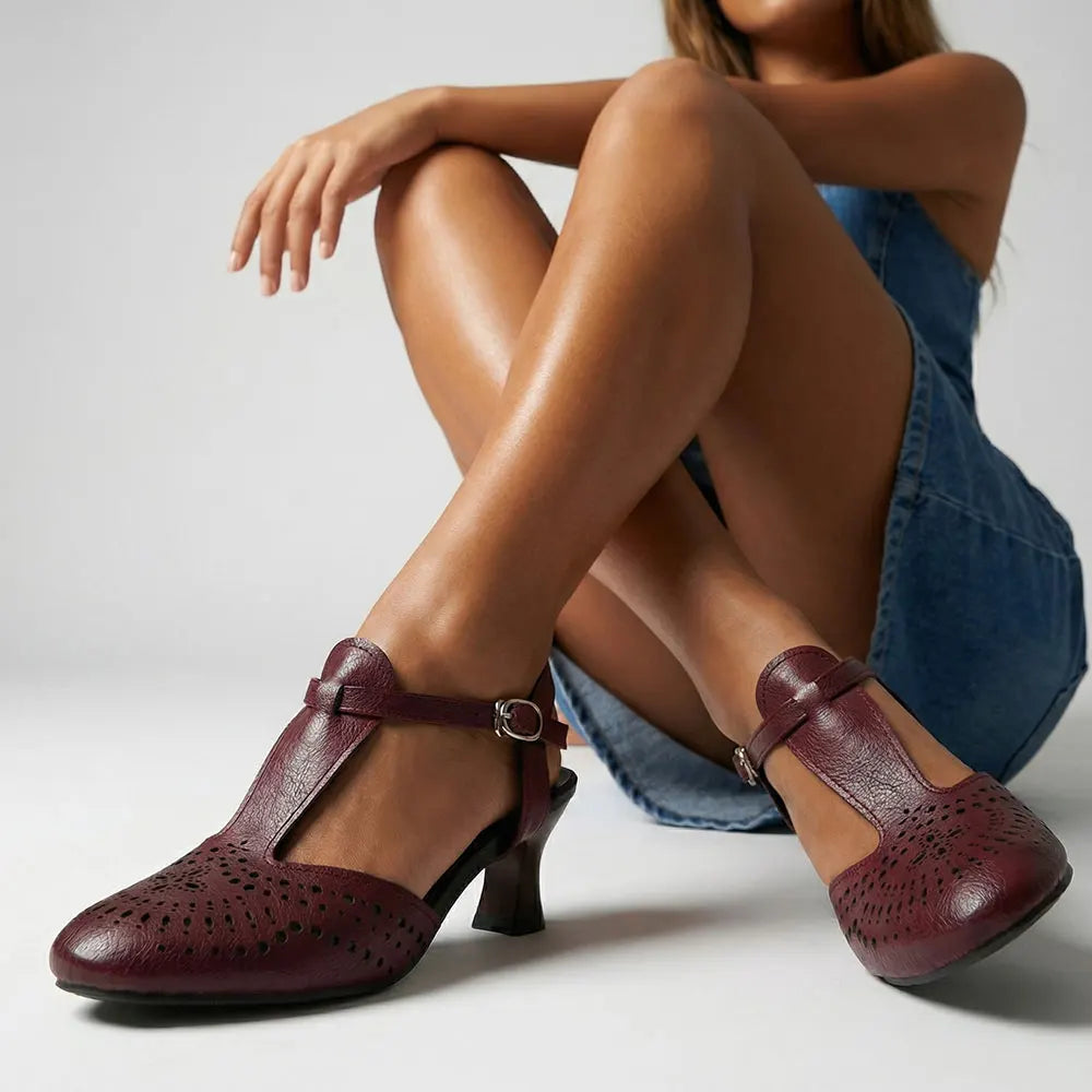 Big Size 32-50 Women's Vintage Cutout T-Strap Sandals Round Toe 6cm Kitten Heel Summer Casual Dance Shoes Black/Brown/White