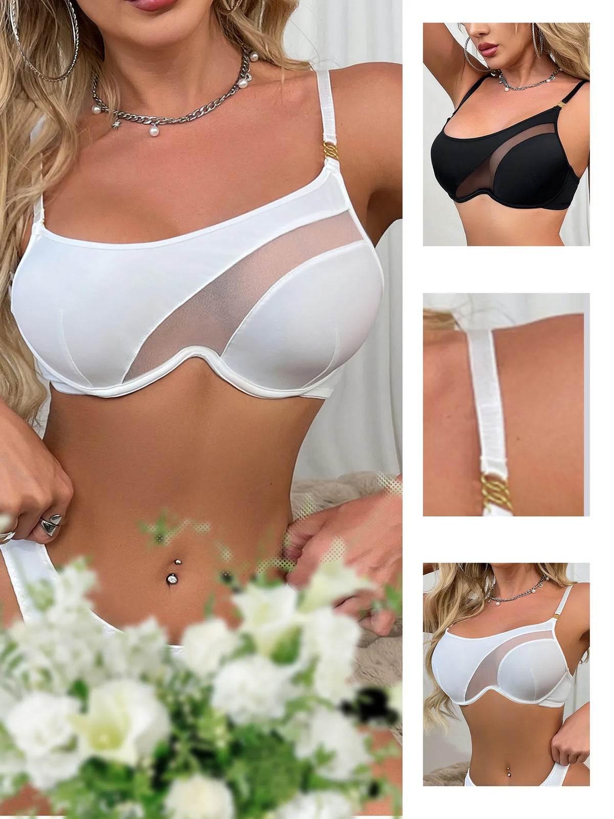Sexy mesh stitching lingerie Ultra-thin padded padded soft underwire comfortable breathable bra