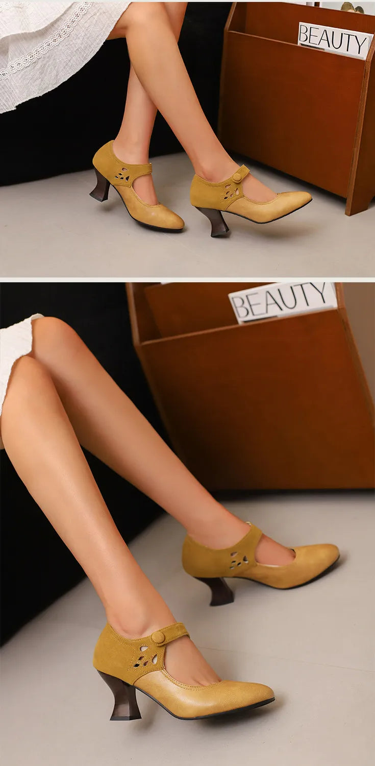 Summer Spring Cute Women Pumps Round Toe 6.5cm Small Heels Flock and PU Ankle Strap Buckle Green Yellow Big Size 46 48