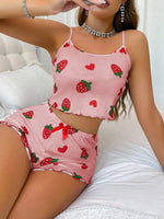 Summer Strawberry Print 2PCS Pajama Set Women's Casual Sleepwear Suspender Crop Tops and Shorts Comfortable Home Wear
