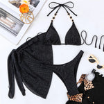 Sexy Black Shiny Swimwear Sarong String Halter Triangle Bikinis Sets 3 Pieces Rhinestone Swimsuit Women 2026 Bather Beachwear