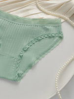 Women Ribbed Cotton Briefs Lace Trim Mid Waist Panties Soft Breathable Rhinestone Star Decor Ladies Daily Basic Underwear W134