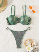 Sexy Green Shell Underwire Bikini Set 2025 Women Snake Print Push Up Swimwear Summer Bathing Suit Ruffles Micro Swimsuit Biquini