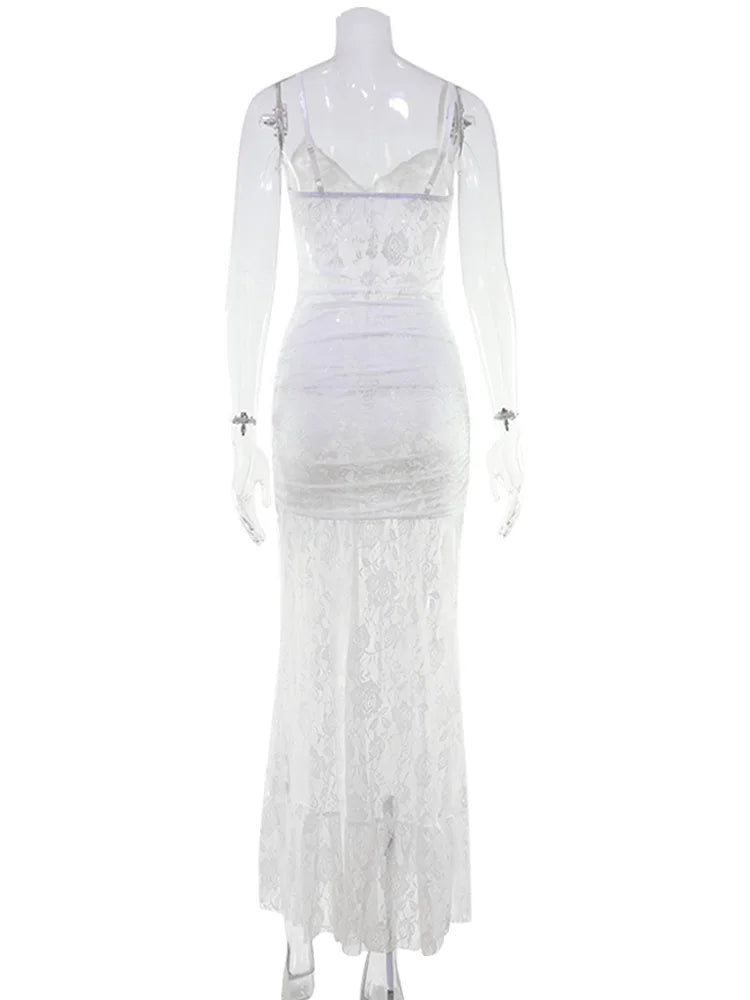 Ahagaga Elegant Lace Women Maxi Dresses Strapless Sheer Sexy Folds Solid Asymmetrical V-Neck Vestidos Robe Sheath Slim Fit Party