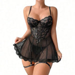 Sexy Garter Belt Mesh Lace Lingerie Dress Set With Thong