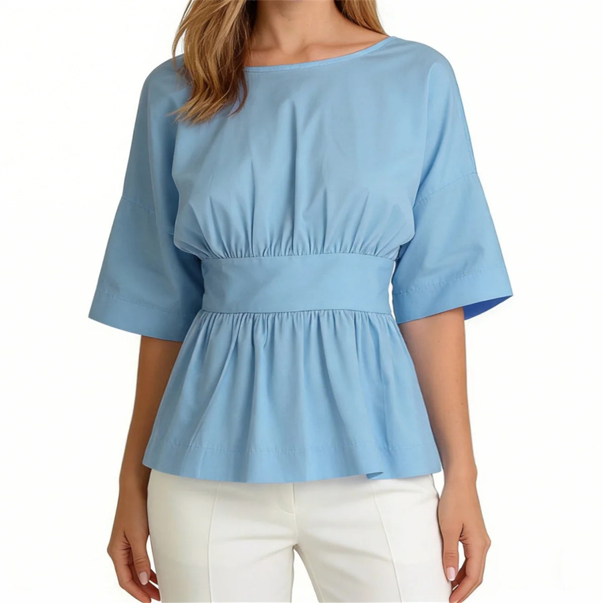 2026 Summer Women's Peplum Tops Casual Elegant Stylish Bow Backless Loose Shirts Crew Neck Elbow Sleeve Blouse