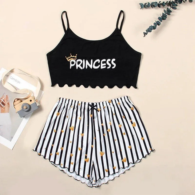 Summer Casual Pajamas Set for Women Sleepwear Sexy Lingerie Sleeveless Striped Tank Top Vest + Shorts Set Pijamas Homewear