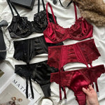 Toucheart 3 Piece Set Sexy Underwear Set For Women Mesh See-Through Lace Thin Sling Bra Set With Girdle Sexy Lingerie Suit New