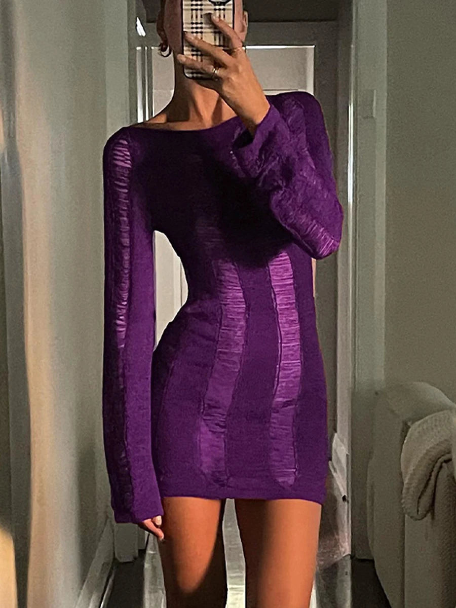 Women Autumn Ripped Knit Dress Long Sleeve Backless Bodycon Mini Dress Summer Fall Club Sexy E-Girl Dresses Female