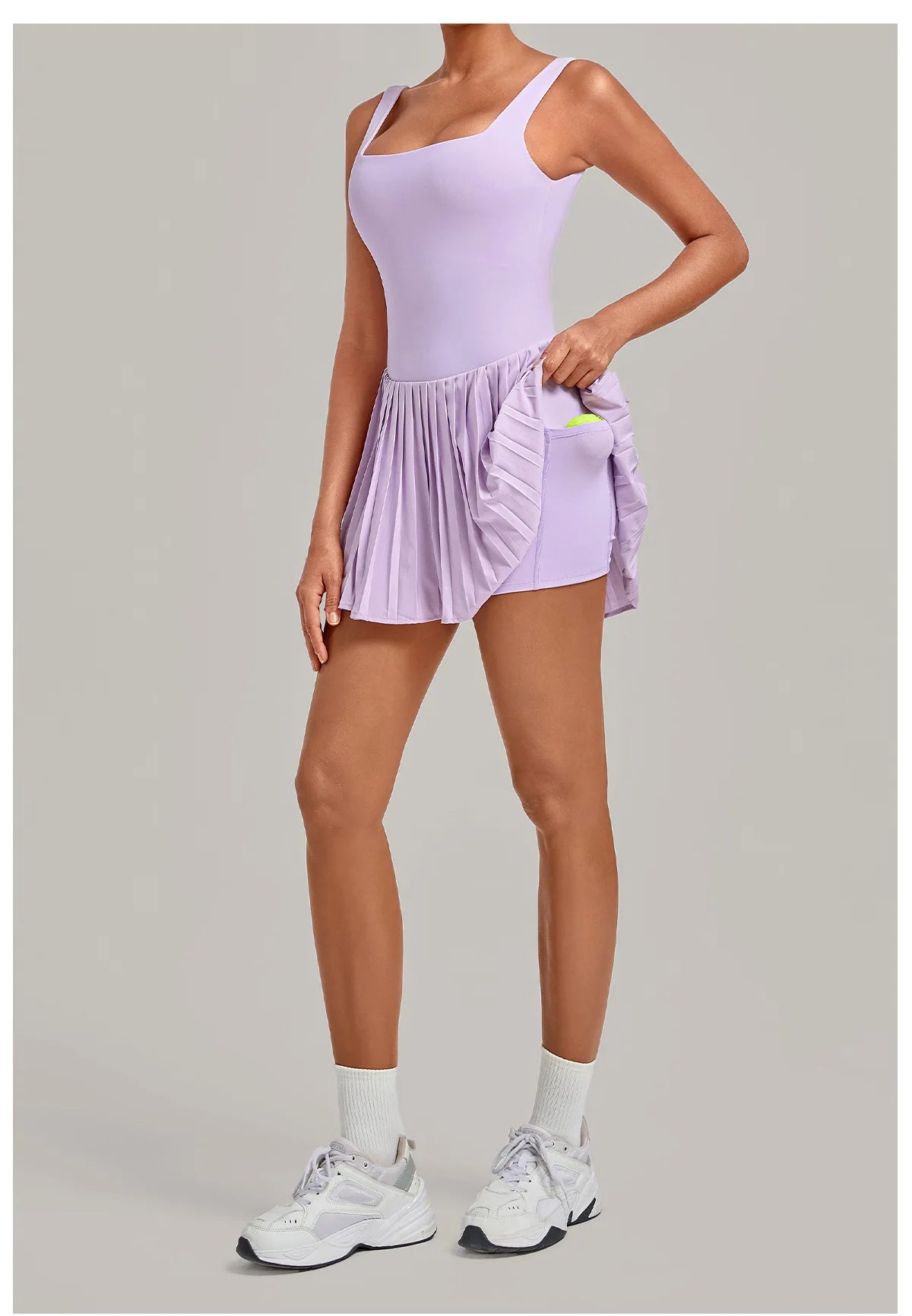 Naked Fake Two Piece Tennis Dresses with Pocket Bottom Women Back Hollow Out Pleate Skirts Outwear Square Collar Golf Yoga Dress