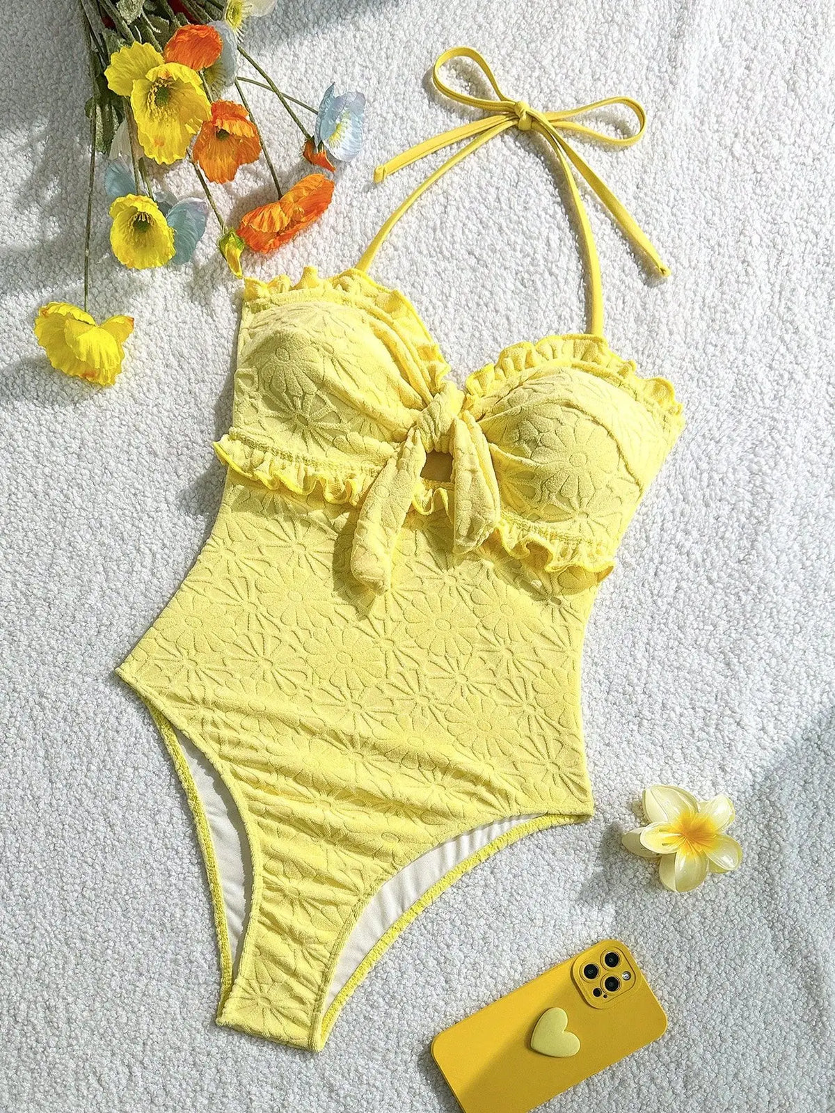 Vintage Front Bow One Pice Swimsuit 2026 Women Sexy Yellow Ruffles Push Up Slim Fit Tummy Control Swimwear Holiday Bathing Suits