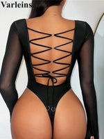 Long Sleeve Lace Up Mini Micro Thong One Piece Swimsuit Women Swimwear Female Strappy Backless Bather Bathing Suit Swim V5685