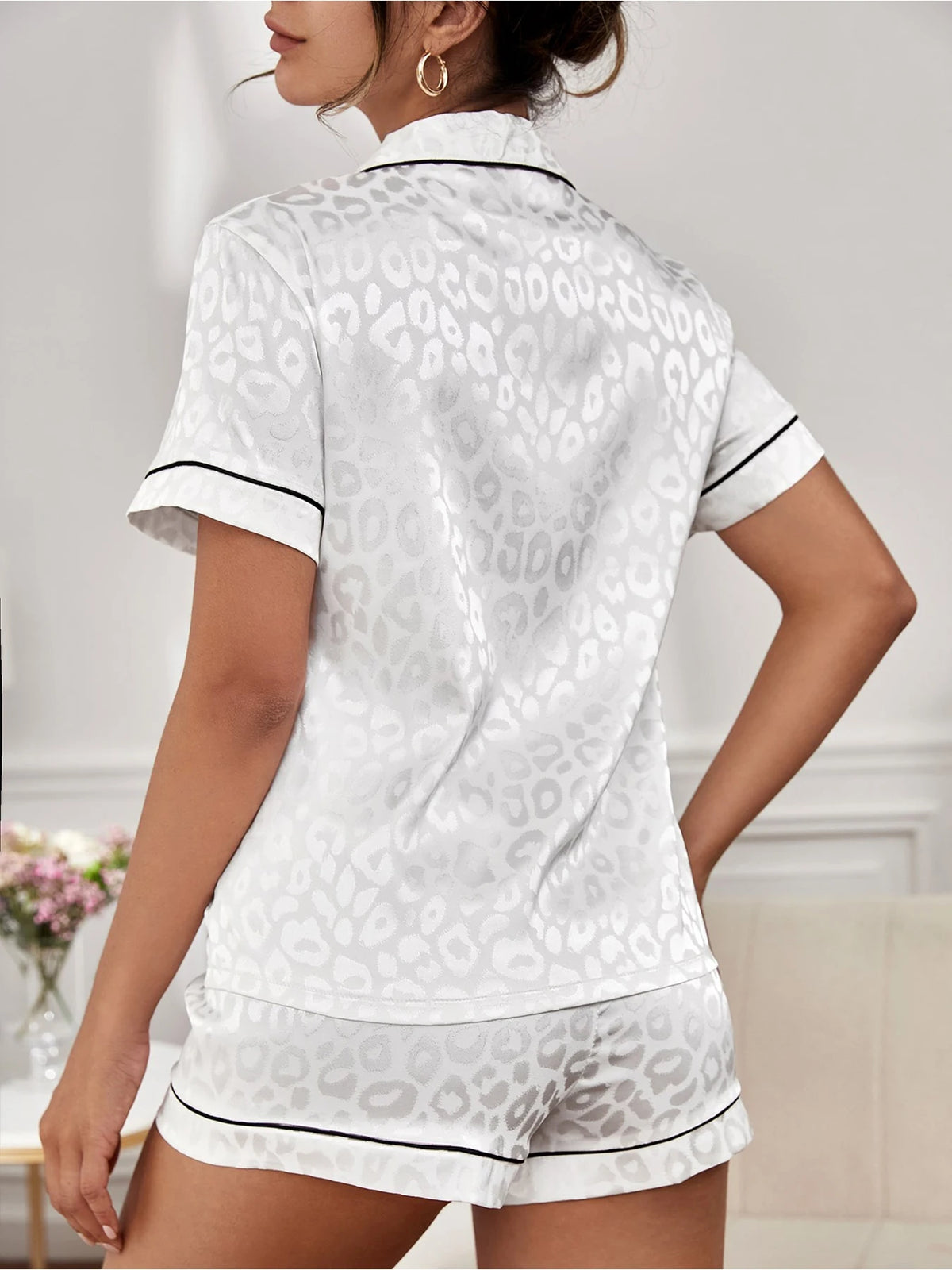 Women Satin Leopard Jacquard Pajama Set Lapel Button Down Short Sleeve Top & Shorts 2‑Piece Ladies Summer Sleepwear Loungewear