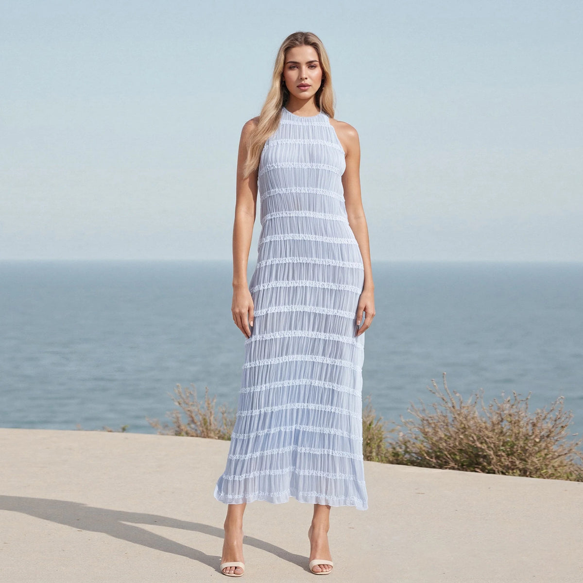Women Ruched Cocktail Dress Elegant Party Bodycon Dresses Female Long Dress Summer Sleeveless Backless Solid Dress Vestidos