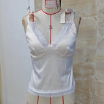 Fashion Satin Deep V Neck Vest Women Summer Solid Color Sleeveless Lace Trim Tie Shoulder Satin Tank Tops