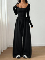 Women's Casual Solid Color Square Neck Long Sleeve A-Line Jumpsuit Pleating Wide Leg Loose Mopping Jumpsuit Spring/Fall 2026