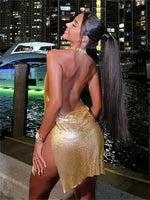 Women Glitter Sexy Dress Sleeveless Backless Halter Low Cut Split Short Dress See Through Party Club Sexy Dresses Female Summer