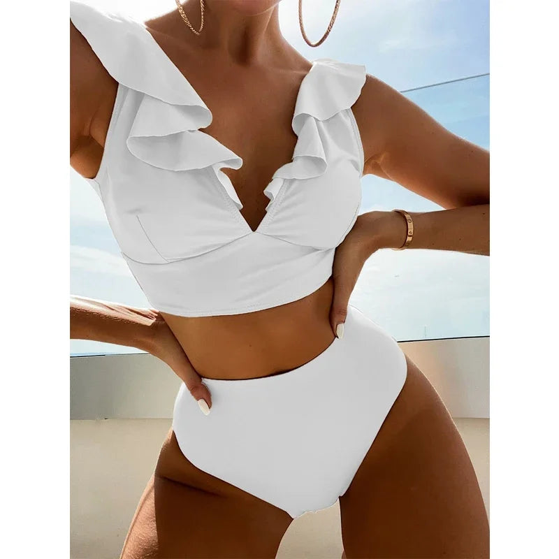 Solid Color Sexy V-neck Ruffle Bikini 2026 Women 2 Piece Swimwear Push Up Padded High Waist Swimsuit Summer Beach Bathing Suit