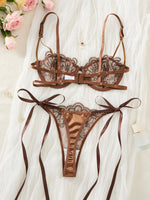 Coffee vintage lace lingerie set - Sexy net fabric embroidery 3/4 cup gathering bra with elasticized straps thong set