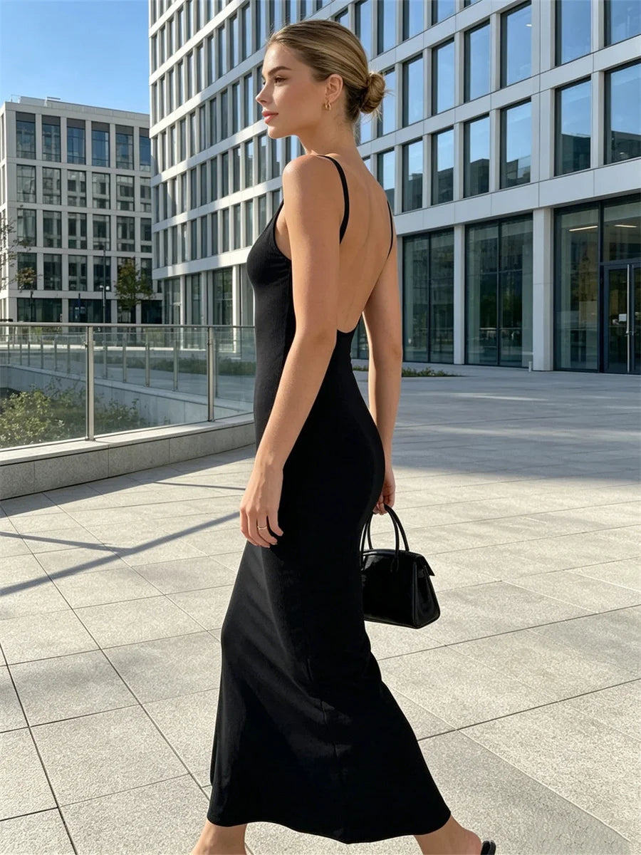 Womens Solid Color Dress Spaghetti Strap U Neck Bodycon Long Dress Sleeveless Backless Casual Daily Party Club Dresses Summer