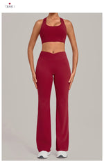 Breathable Stretch Yoga Sets Women Quick Drying Shockproof Sports Bra High Waist Bell Bottom Pants Gym Two-piece Fitness Suit