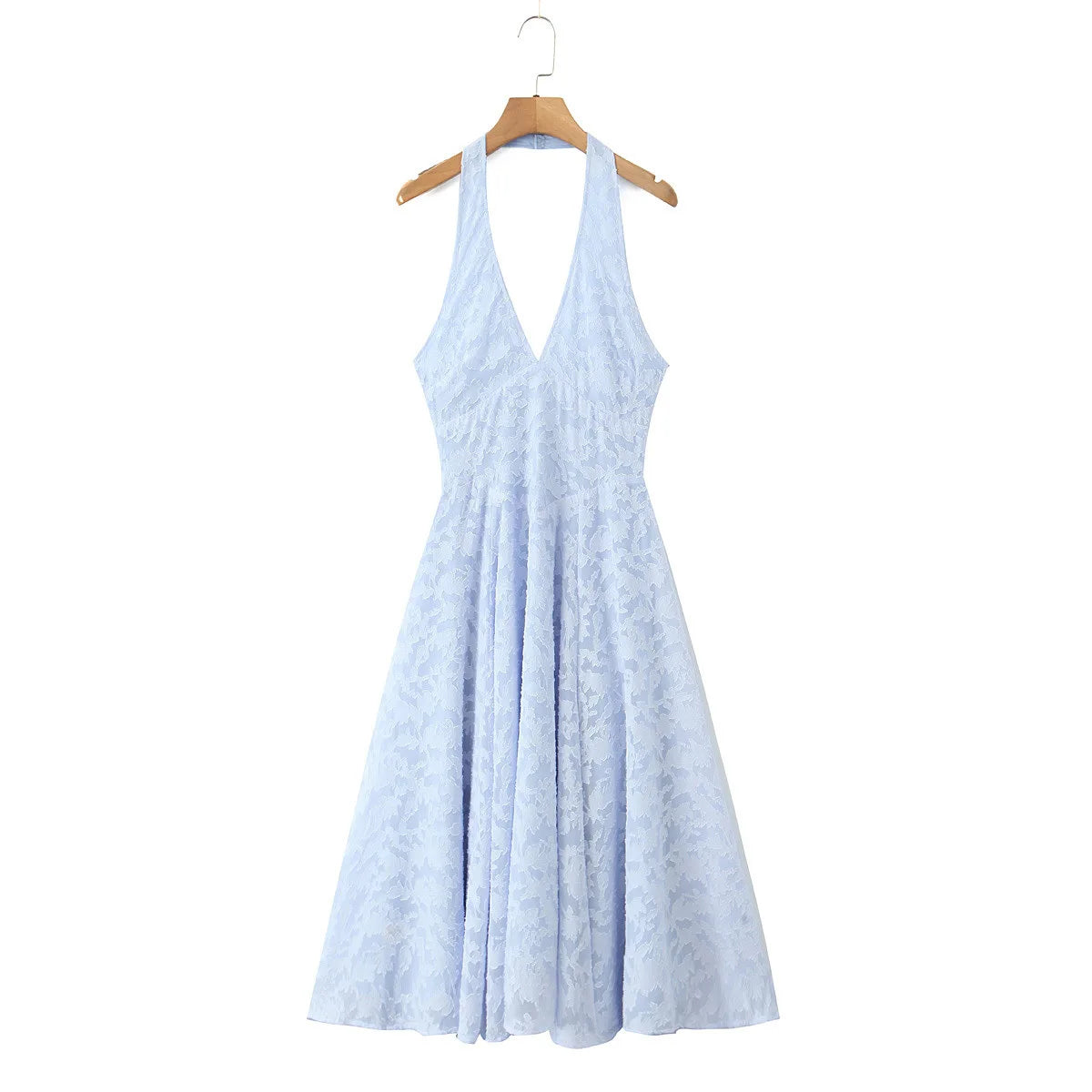 French Style Blue Jacquard Dress With French Vibe V-neck Backless Holiday Halter-neck Dress Niche Long Dress Pure Desire U633