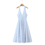 French Style Blue Jacquard Dress With French Vibe V-neck Backless Holiday Halter-neck Dress Niche Long Dress Pure Desire U633