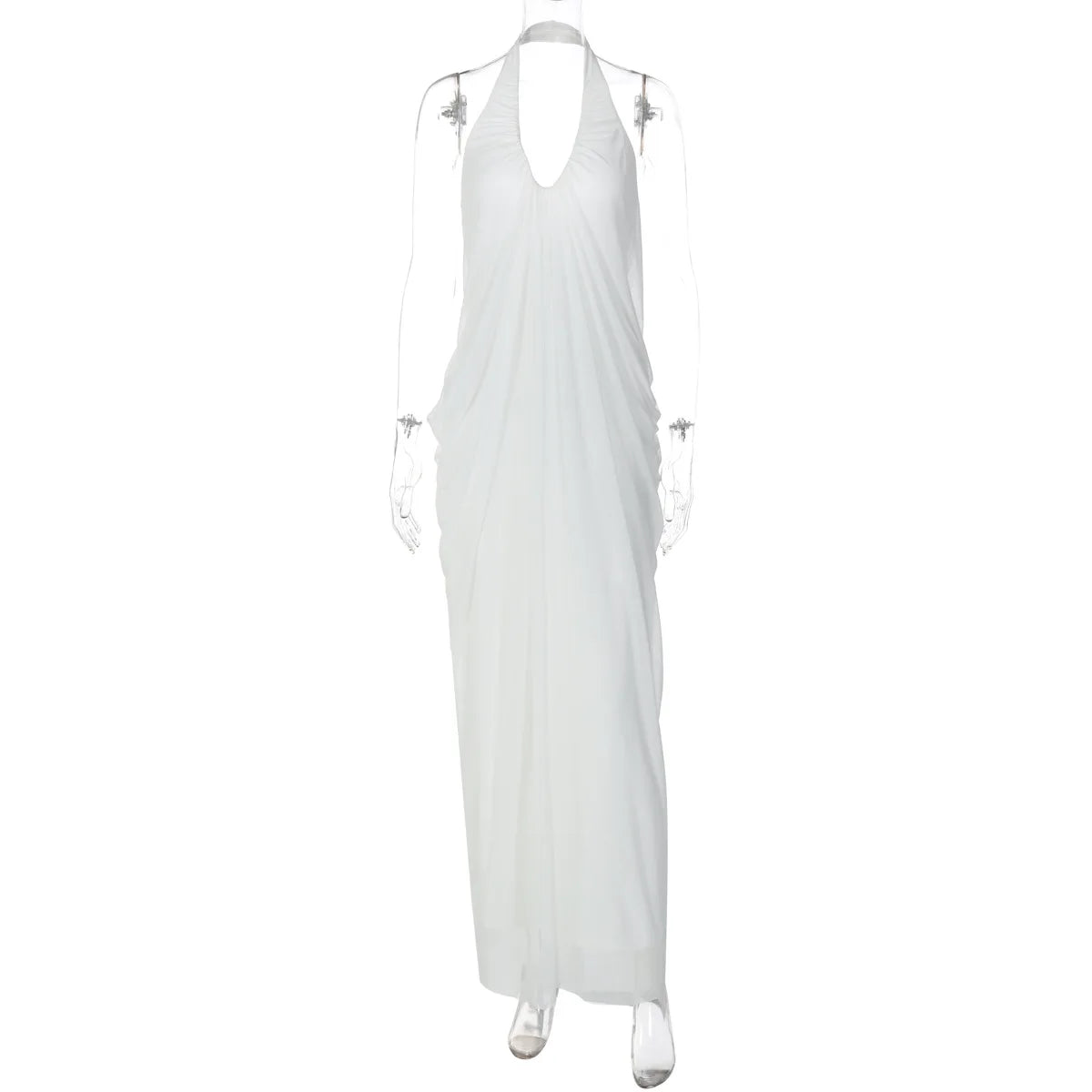 FDYOUI 2026 Summer Backless Ruched White Long Maxi Dress for Woman Elegant Sexy Halter Sleeveless Loose Evening Party Dresses
