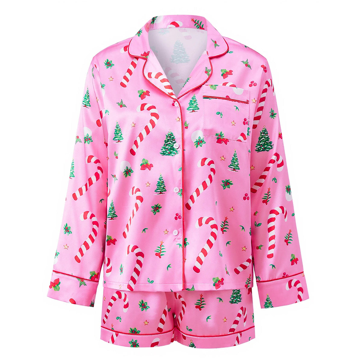 Women Satin 2 Piece Christmas Pajama Set Printed Long Sleeve Button-up Tops and Elastic Waist Shorts Summer Fall Sleepwear
